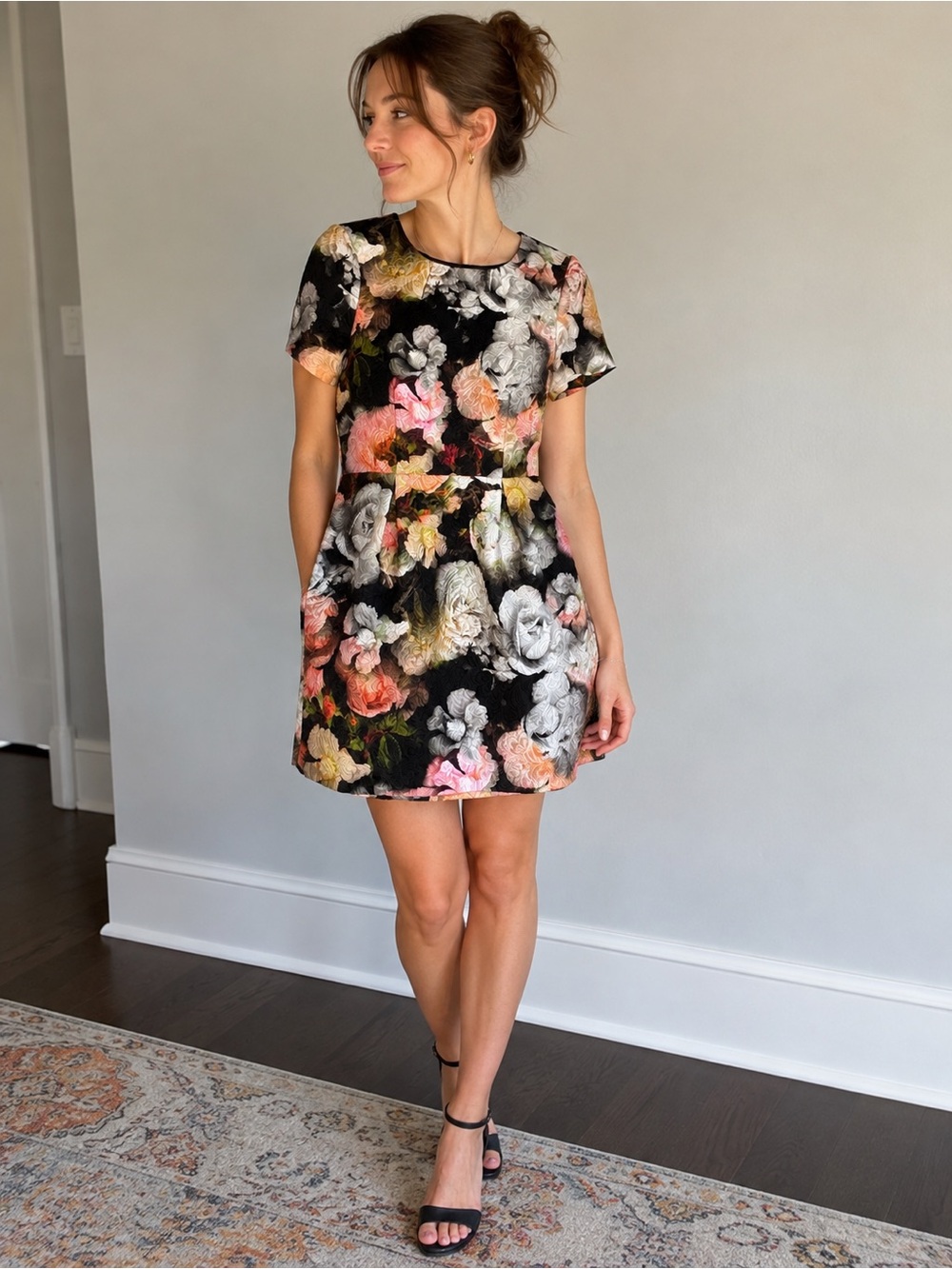 Oasis Floral Jacquard Dress US 8 UK 12 Black Pink Fit Flare Cocktail